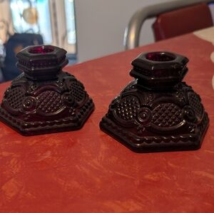 Vintage AVON Cape Cod Ruby Red Glass Candle Stick Holders Matching Pair 2